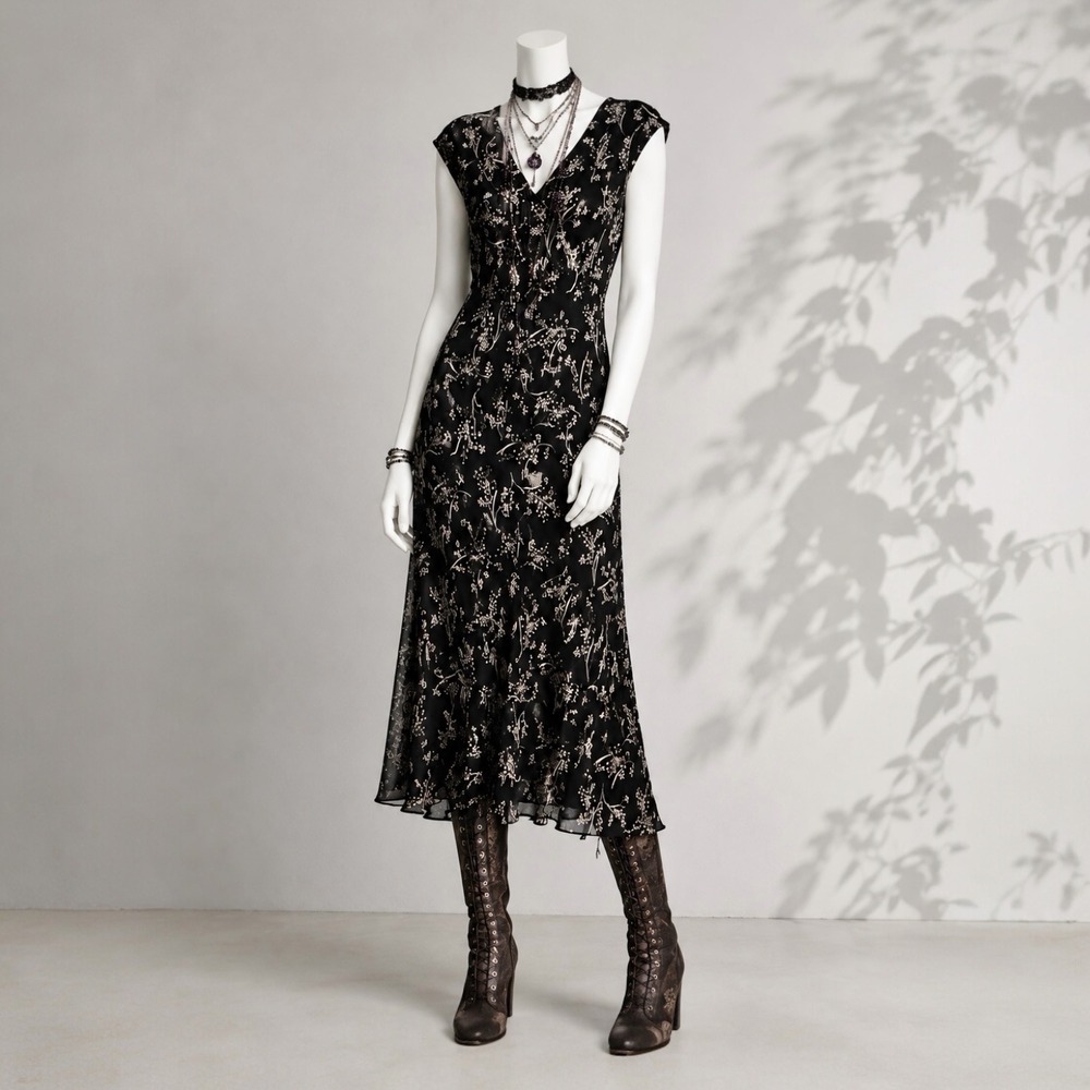 Vintage 90s Y2K Whimsigoth Midi Dress Black Floral Bias Cut Grunge Jones NY